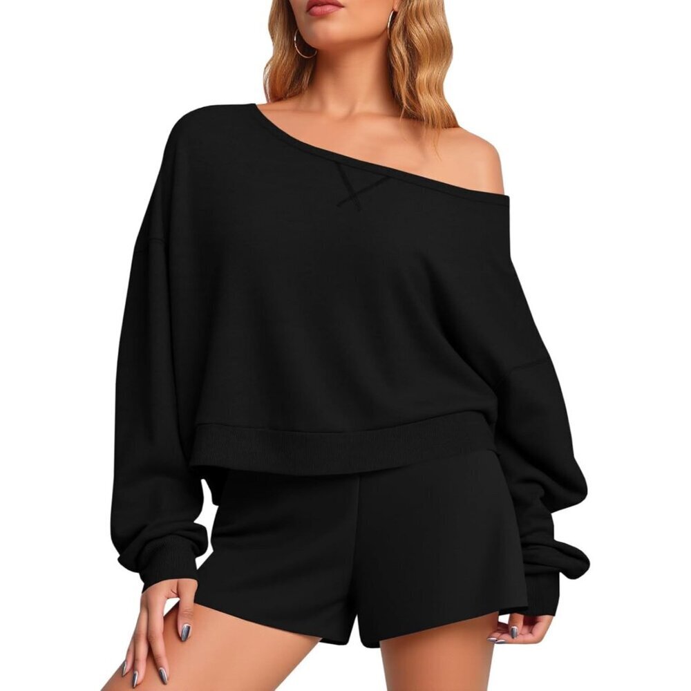 Womens Off Shoulder Crop Top Long Sleeve Oversized Fall Pullover Sweatshirt